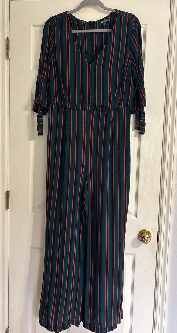 Wild Fable V-Neck 3/4 Sleeve Teal Striped Wide Leg Jumpsuit, Women's Large